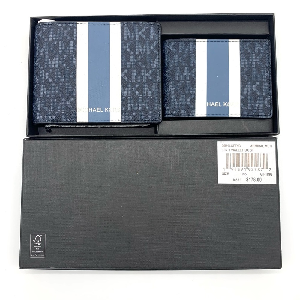 MICHAEL KORS 💥NWT💥 Men’s Navy Stripe MK Logo Wallet Set - Picture 2 of 6